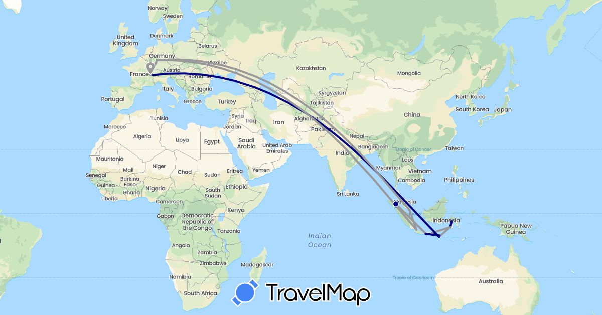TravelMap itinerary: driving, plane, cycling, boat in Switzerland, Germany, Indonesia, Singapore (Asia, Europe)